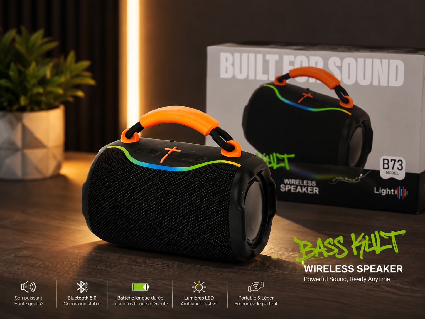 Enceinte Bluetooth Portable B73 – Bass Boost avec Lumières LED – Image 2