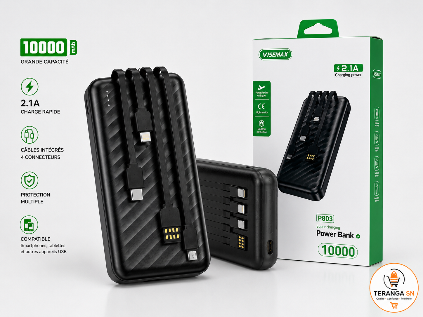 Power Bank VISEMAX P803 – 10 000 mAh avec Câbles Intégrés