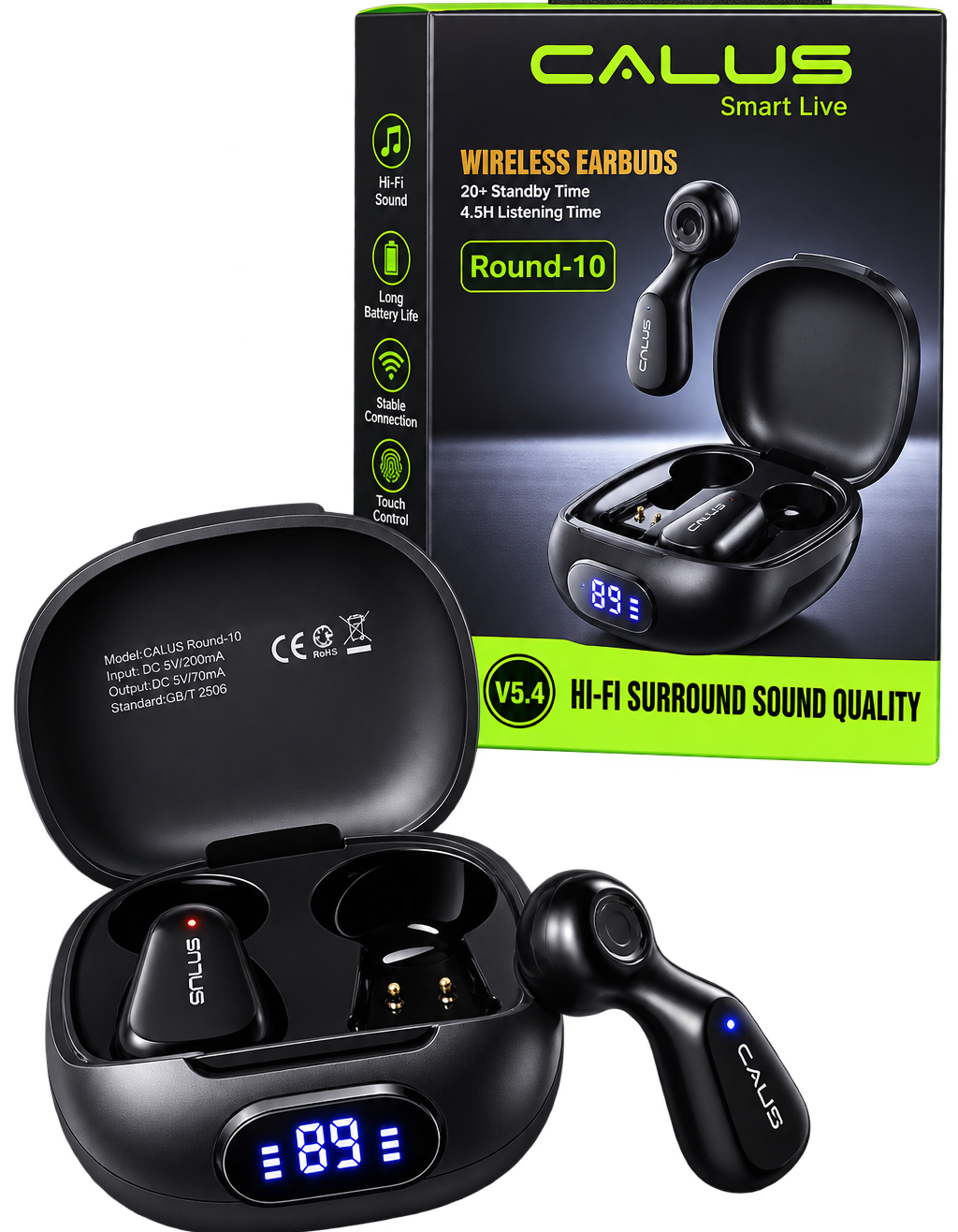 Écouteurs Bluetooth Sans Fil CALUS Round-10 – Bluetooth 5.4 avec Écran LED et Boîtier de Charge