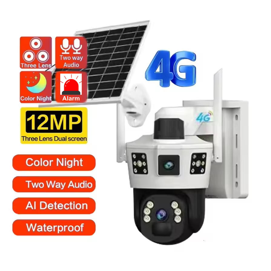 Caméra de Surveillance Solaire 4G Triple Objectif – 12MP, Double Écran, Vision Nocturne Couleur, Audio Bidirectionnel, Détection IA, Étanche