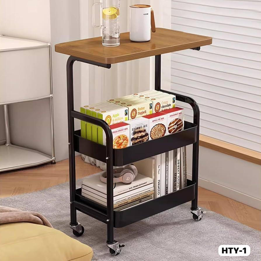 Table d’appoint roulante multifonction avec 2 niveaux de rangement