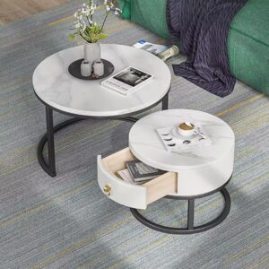 Ensemble de 2 tables basses rondes effet marbre avec rangement