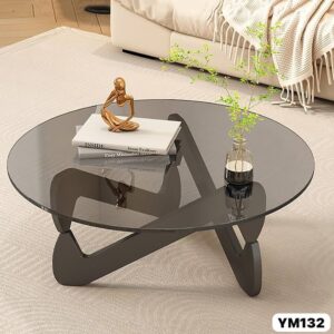 Table basse ronde moderne en verre fumé avec pieds design