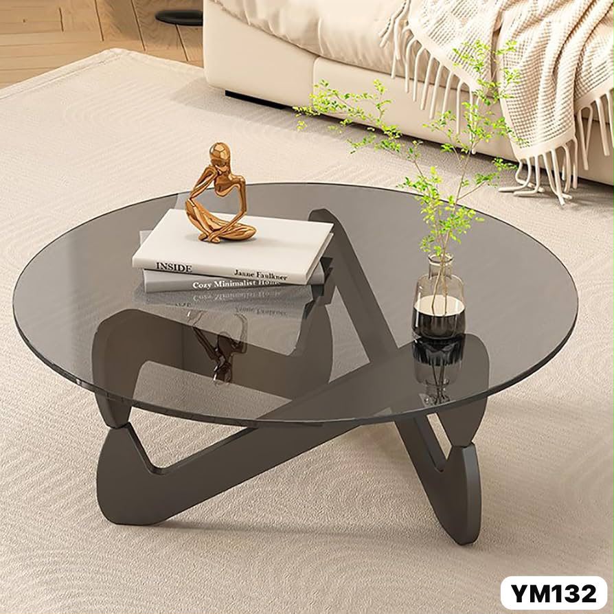 Table basse ronde moderne en verre fumé avec pieds design
