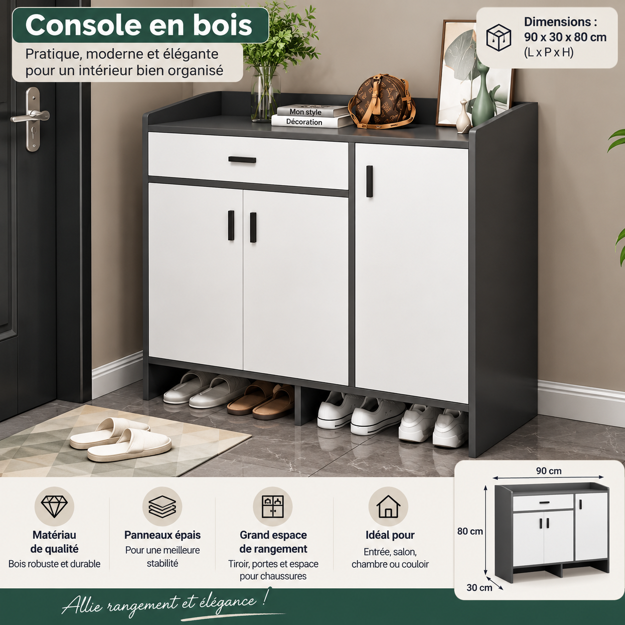 Console de rangement en Bois 90 × 30 × 80 cm