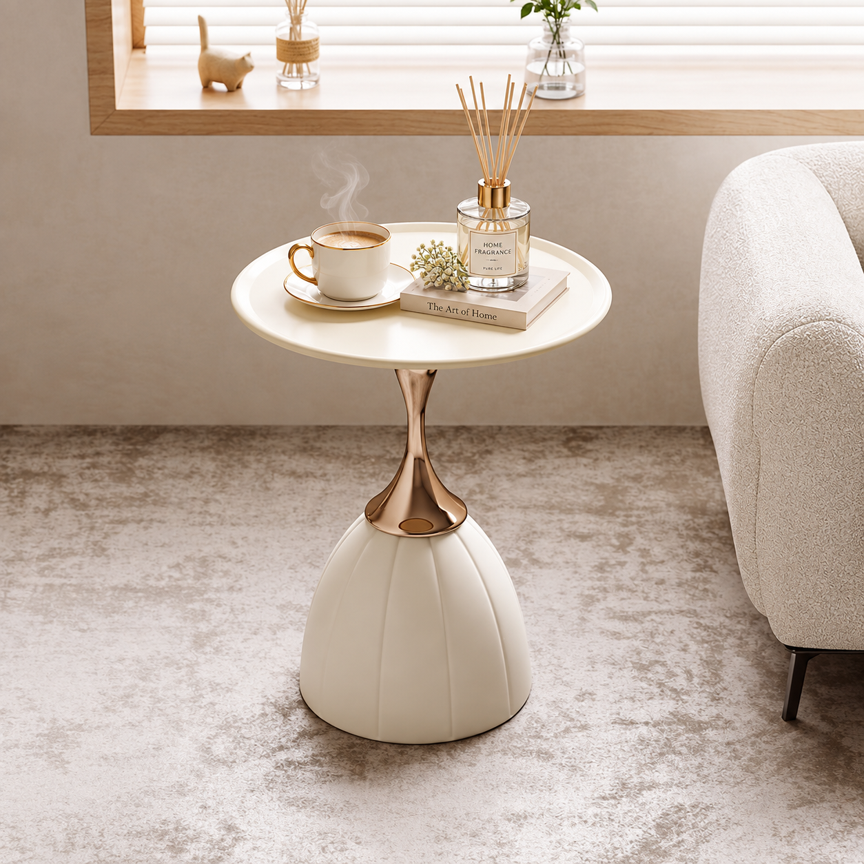 Table d’appoint ronde élégante avec pied sculptural doré