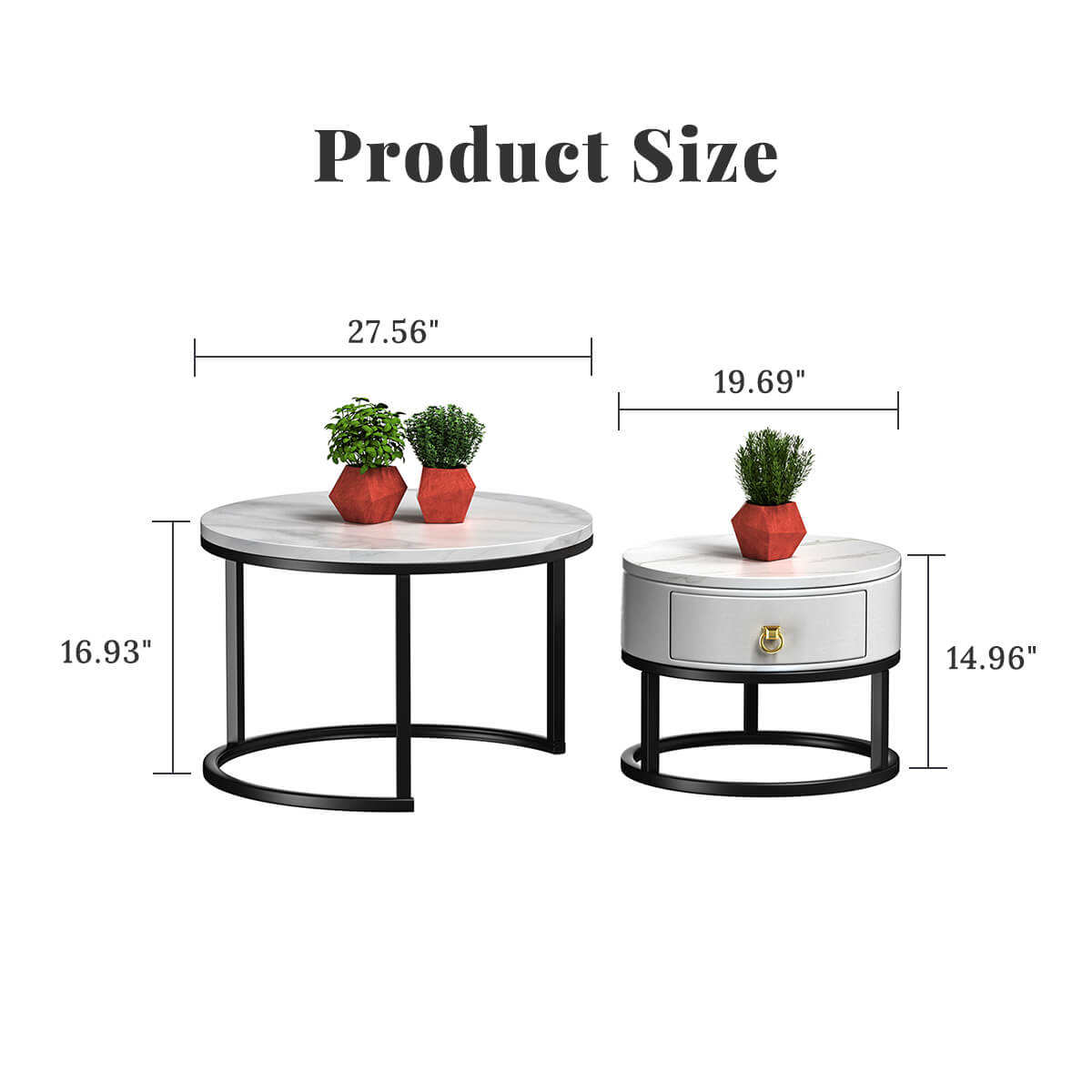 Ensemble de 2 tables basses rondes effet marbre avec rangement – Image 3
