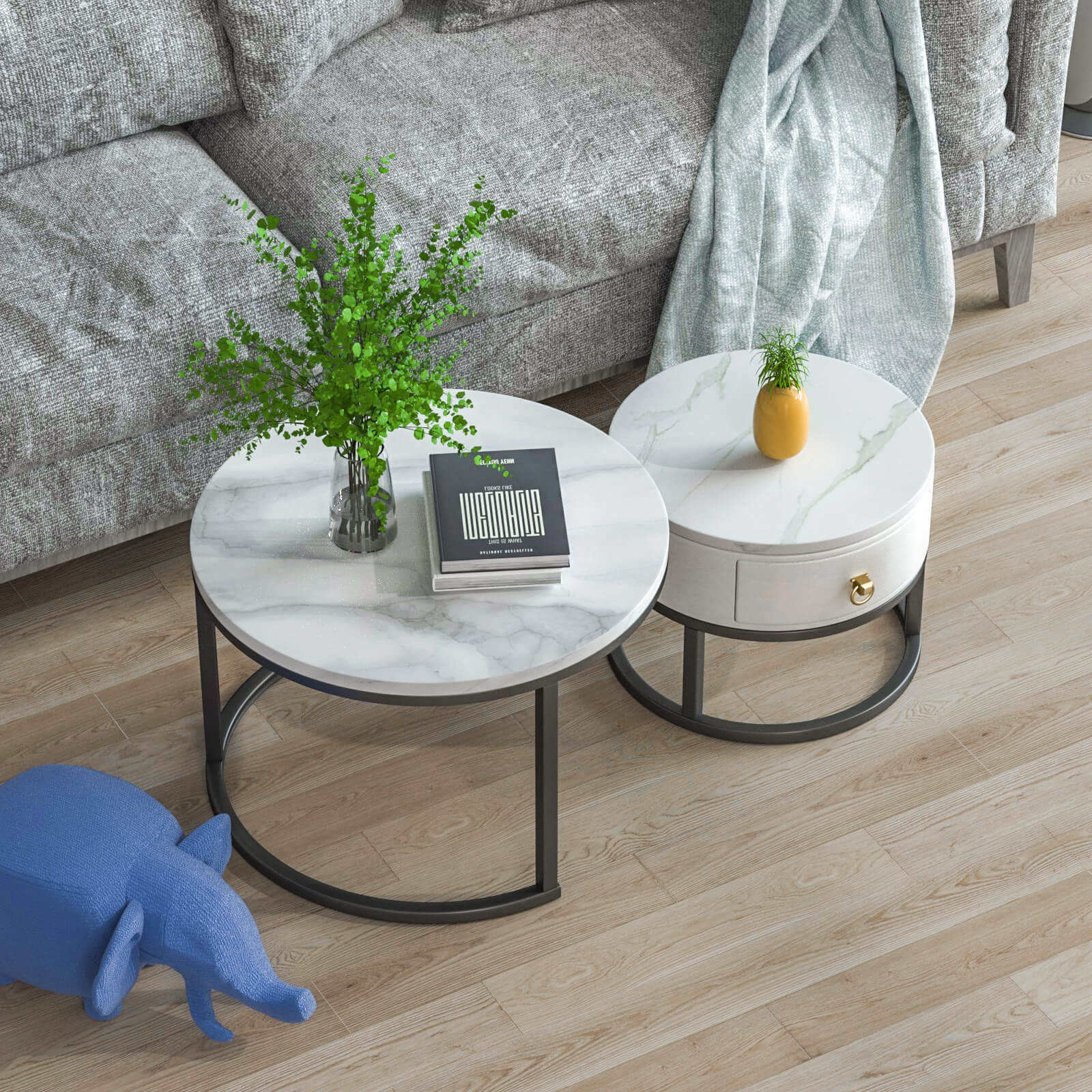 Ensemble de 2 tables basses rondes effet marbre avec rangement – Image 2