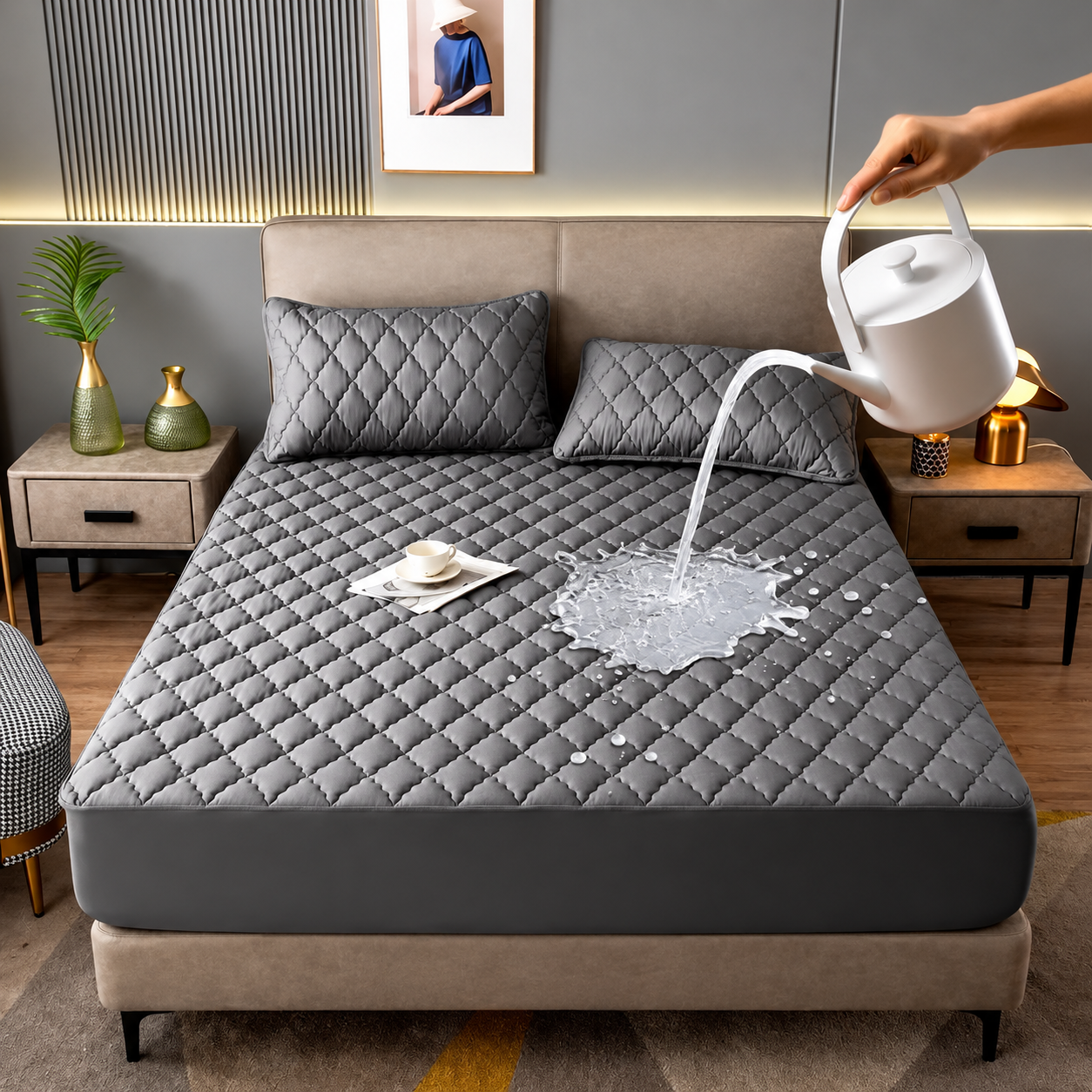 Housse de Matelas Imperméable Gris Anthracite avec 2 Taies d’Oreiller
