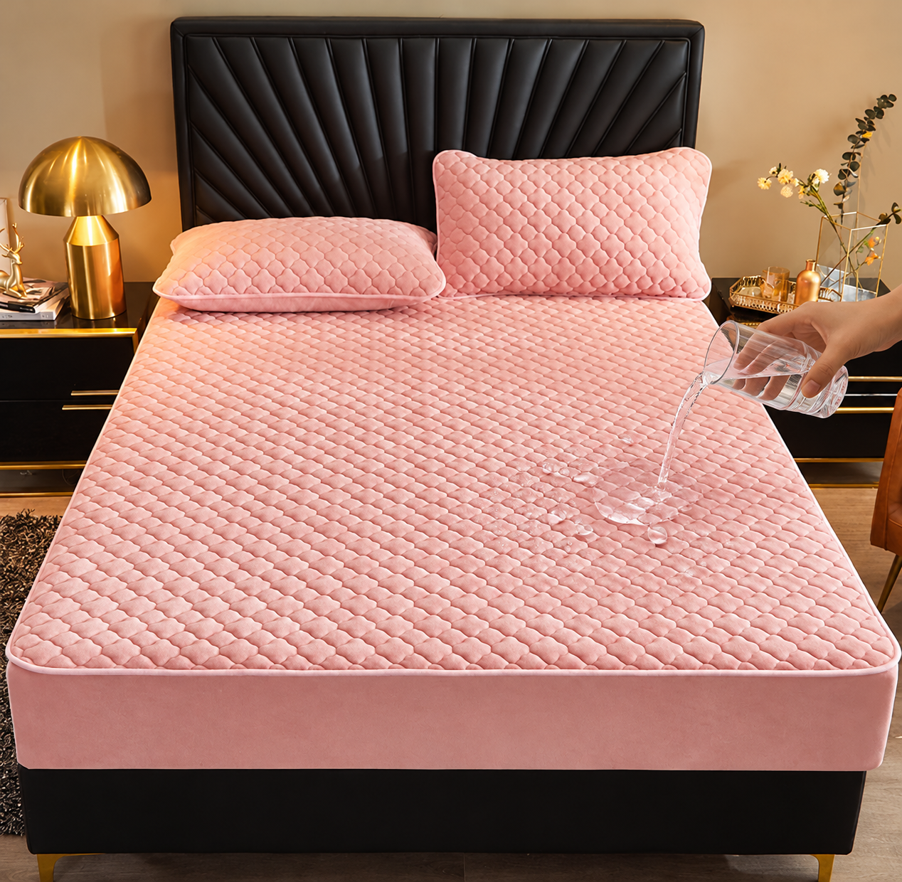 Housse de Matelas Imperméable Rose avec 2 Taies d’Oreiller